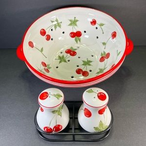 Target Home Brand Vintage Red Cherry Pasta Colander and Salt & Pepper Shakers